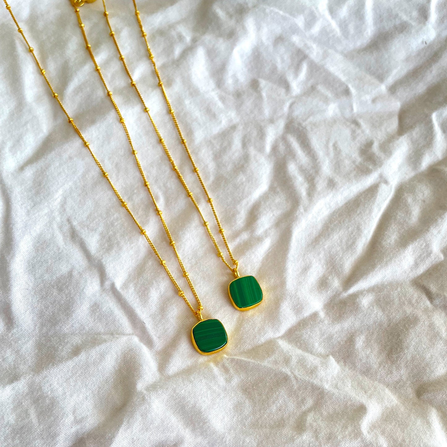 Malachite Green Square Necklace, Gold Plated on 925 Sterling Silver, handmade gemstone necklace by Brinda, Unique Gift, Unique necklace, gemstones, chain, Crystal, trending, mothers day gift, small business, london, dainty necklace, Malachite, Cute