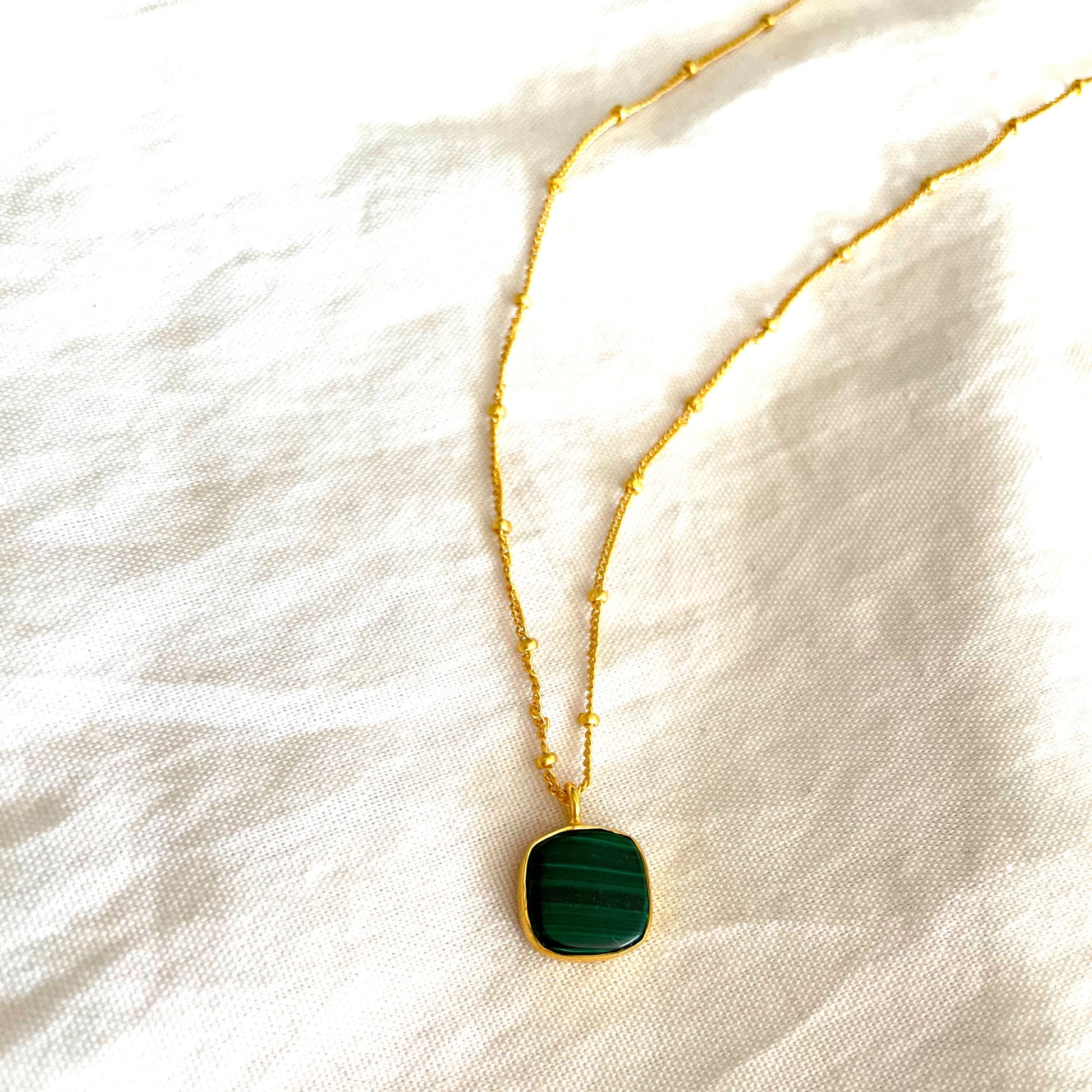 Malachite Green Square Necklace, Gold Plated on 925 Sterling Silver, handmade gemstone necklace by Brinda, Unique Gift, Unique necklace, gemstones, chain, Crystal, trending, mothers day gift, small business, london, dainty necklace, Malachite, Cute