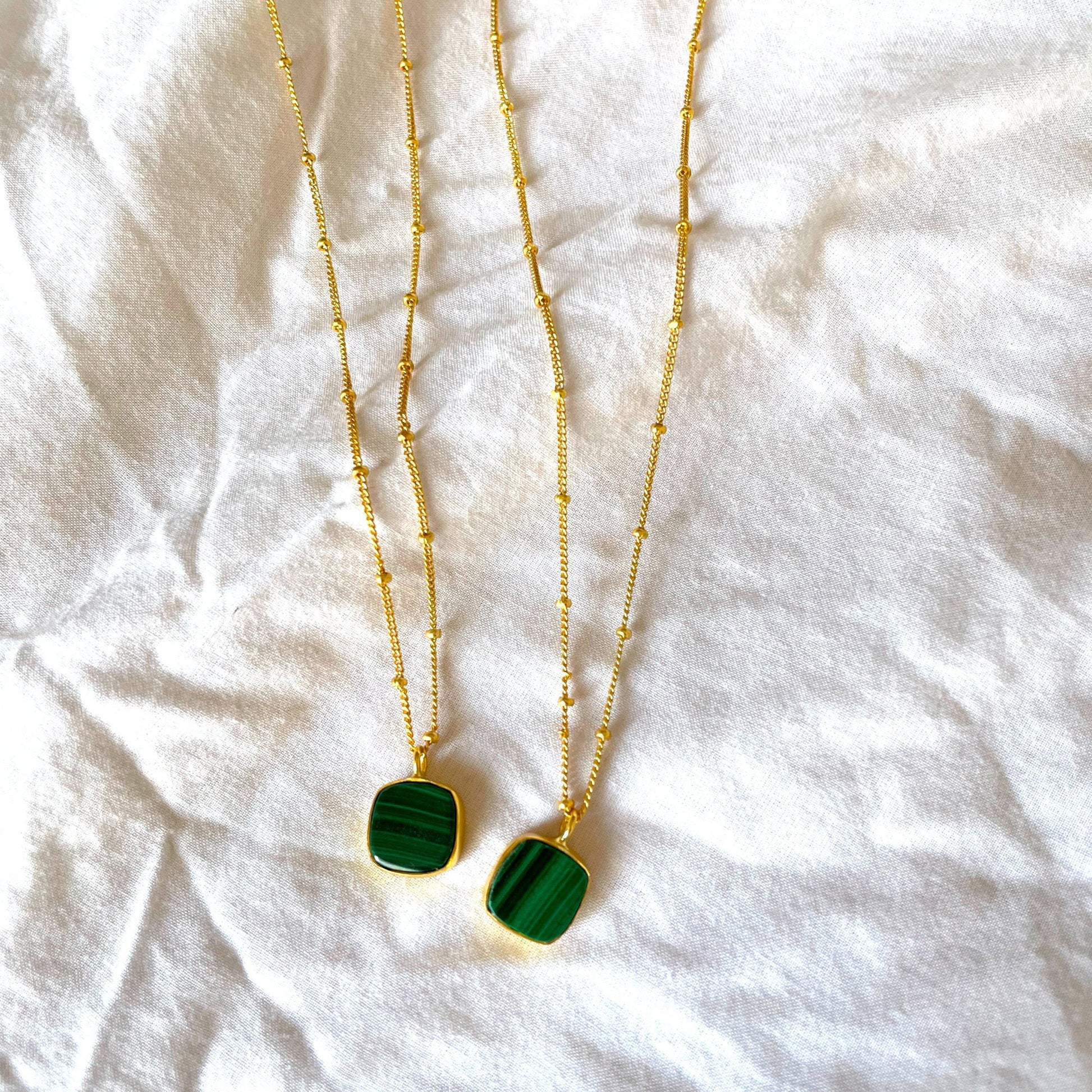 Malachite Green Square Necklace, Gold Plated on 925 Sterling Silver, handmade gemstone necklace by Brinda, Unique Gift, Unique necklace, gemstones, chain, Crystal, trending, mothers day gift, small business, london, dainty necklace, Malachite, Cute